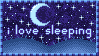 Animation of a moon surrounded by twinkling stars with the text 'I love sleeping' overlaid