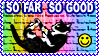 Animation of a cartoon cat falling infinitely with a rainbow brick background animated behind him to show his fall. A yellow smiley face is in the bottom right corner. Text reading 'So far so good' is above the cat.