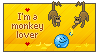 I'm a monkey lover stamp with monkeys hanging off the top of the frame. An emote character is giving one monkey a banana