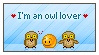 I'm an owl lover stamp featuring an emote looking at two owls near it